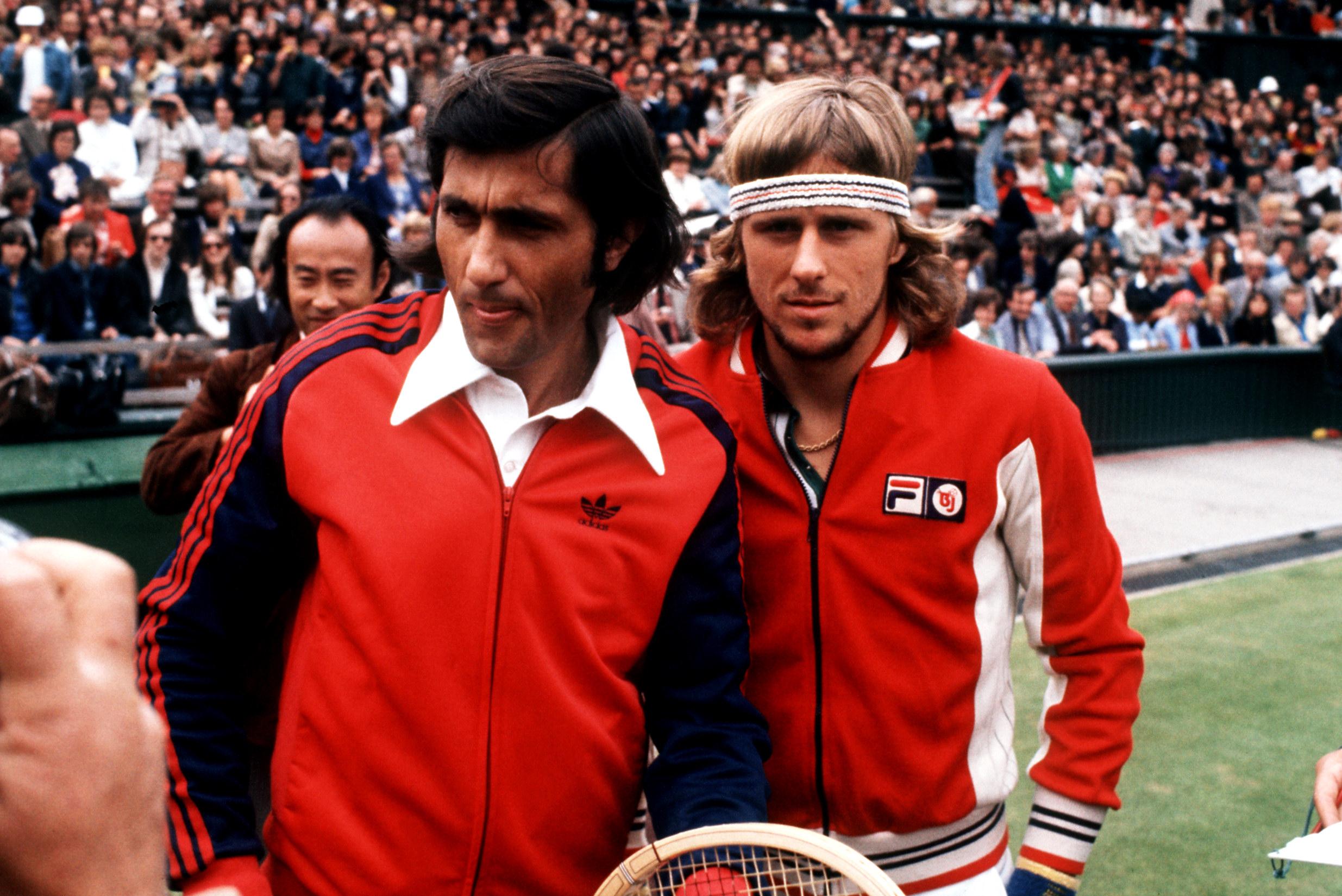 Ilie Năstase and Björn Borg walking out at Wimbledon in the 1970s